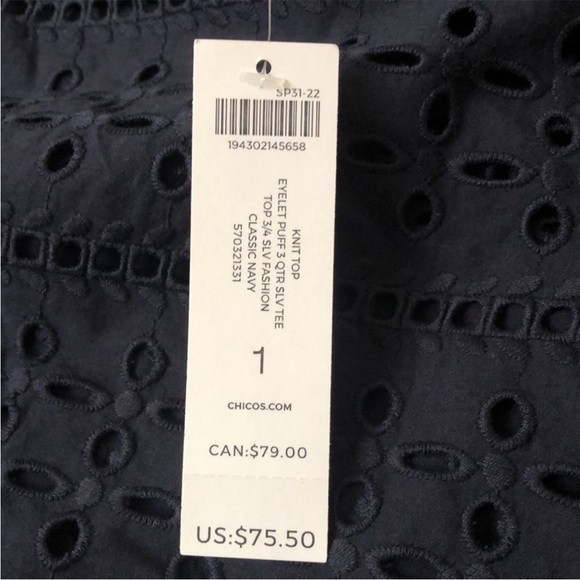 Chico’s Eyelet Puff Sleeve Knit Top | Classic Navy | Size 1 (M)- NWT - Picture 3 of 4